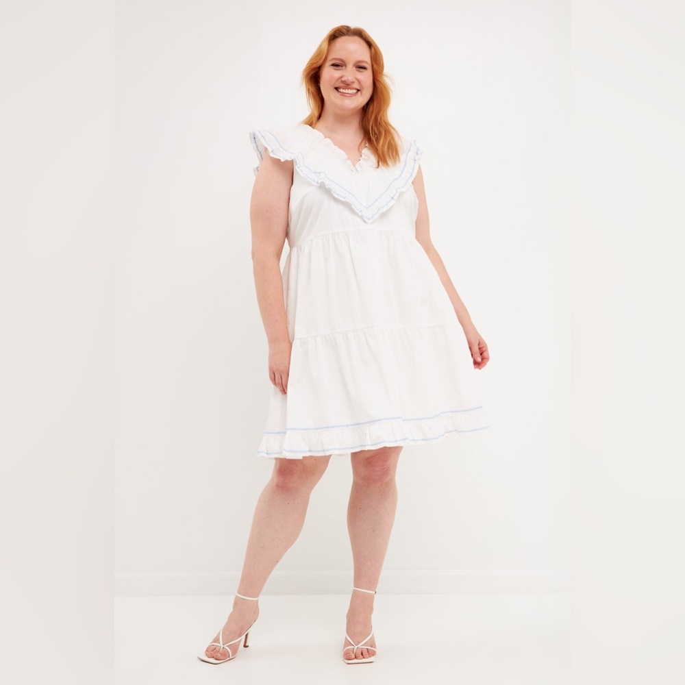 English Factory PLUS SIZE CONTRAST EMBROIDERY RUFFLED MINI DRESS Women’s Size 2X